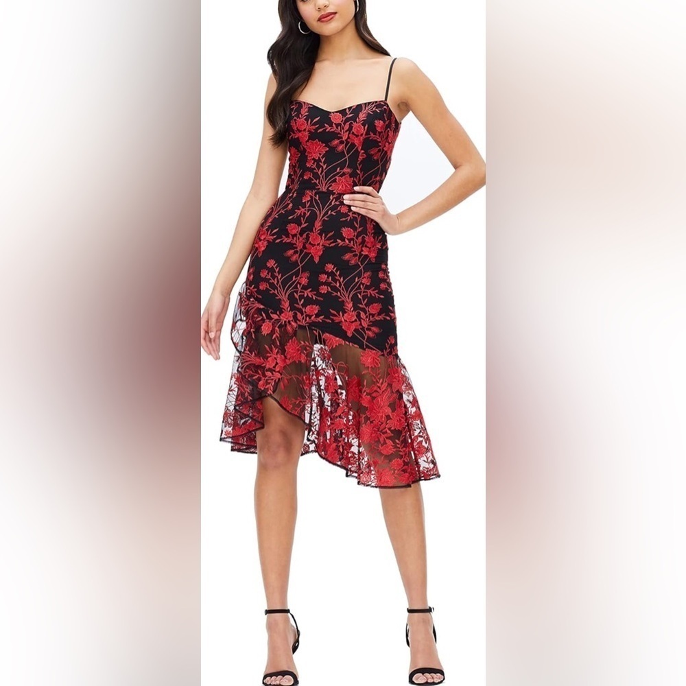 NWT Dress the Population Cantrelle Sweetheart Neck Asymmetric Ruffle Hem Dress